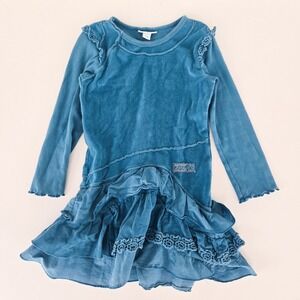 Naartjie Dress Girls 4 Years Teal Blue Velour Corduroy Ruffle Boho Fairycore